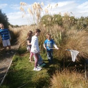 Homeschoolers pond dipping for bugs