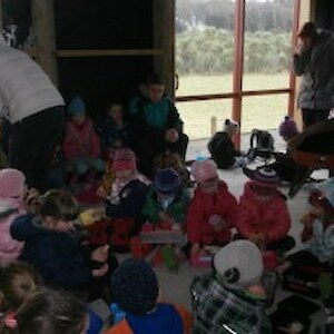 Lees St Kindy shelter from the hail!